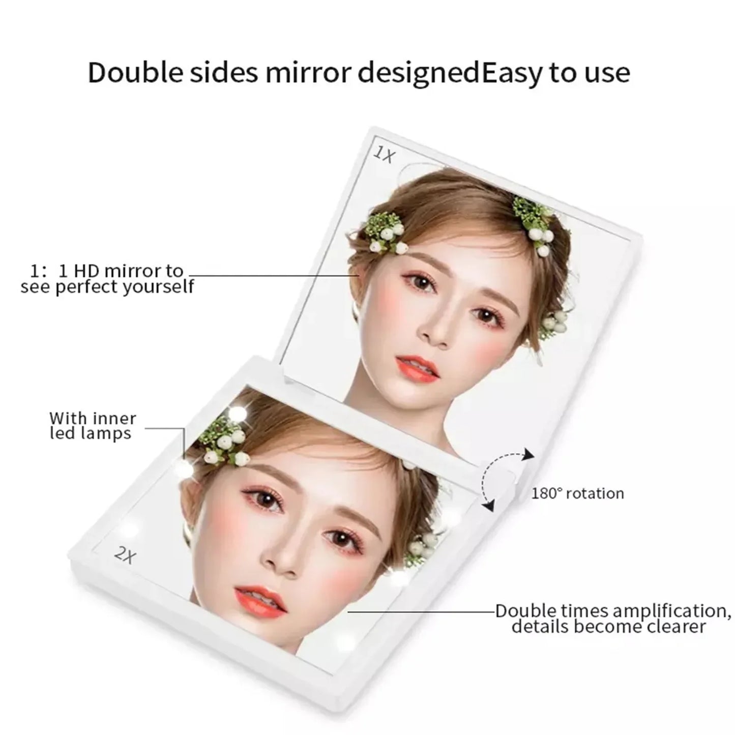 1PC 6 LED Lamps Women Foldable Makeup Mirrors Lights Lady Cosmetic Hand Folding Portable Compact Pocket Mirror Makeup Tools