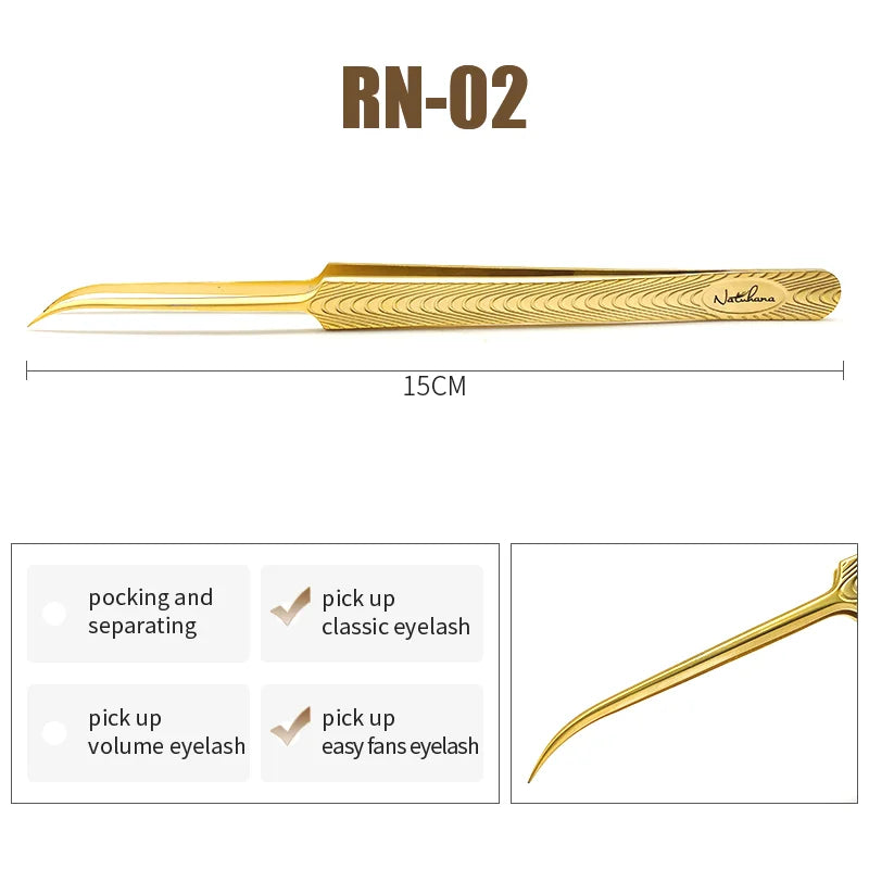 NATUHANA Anti-Static Eyelash Extension Tweezer Gold Stainless Steel Eyelashes Tweezers Professional for Volume Fan Makeup Tools