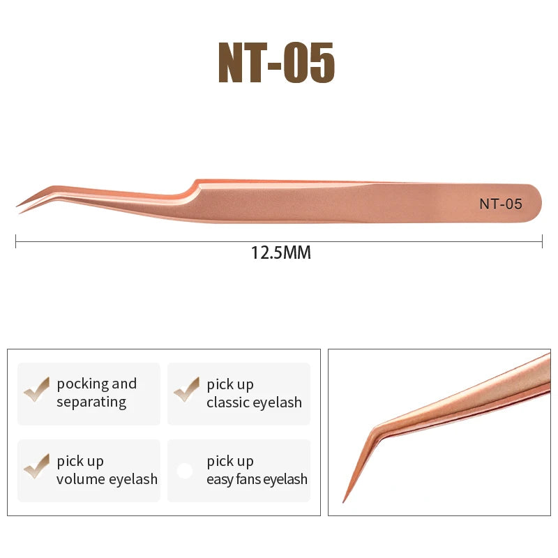 NATUHANA Anti-Static Eyelash Extension Tweezer Gold Stainless Steel Eyelashes Tweezers Professional for Volume Fan Makeup Tools