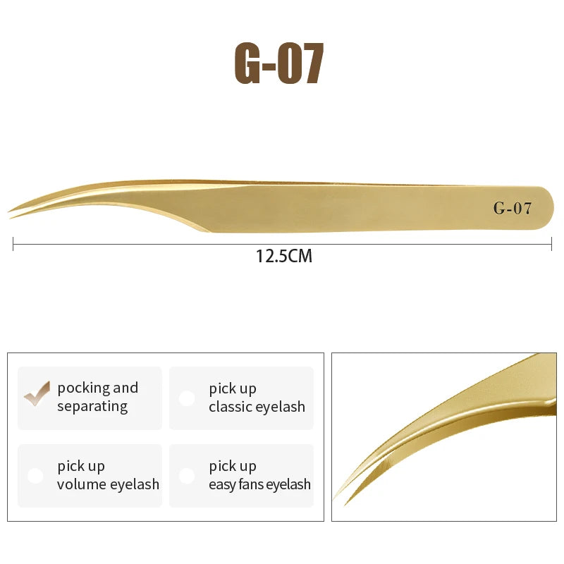 NATUHANA Anti-Static Eyelash Extension Tweezer Gold Stainless Steel Eyelashes Tweezers Professional for Volume Fan Makeup Tools