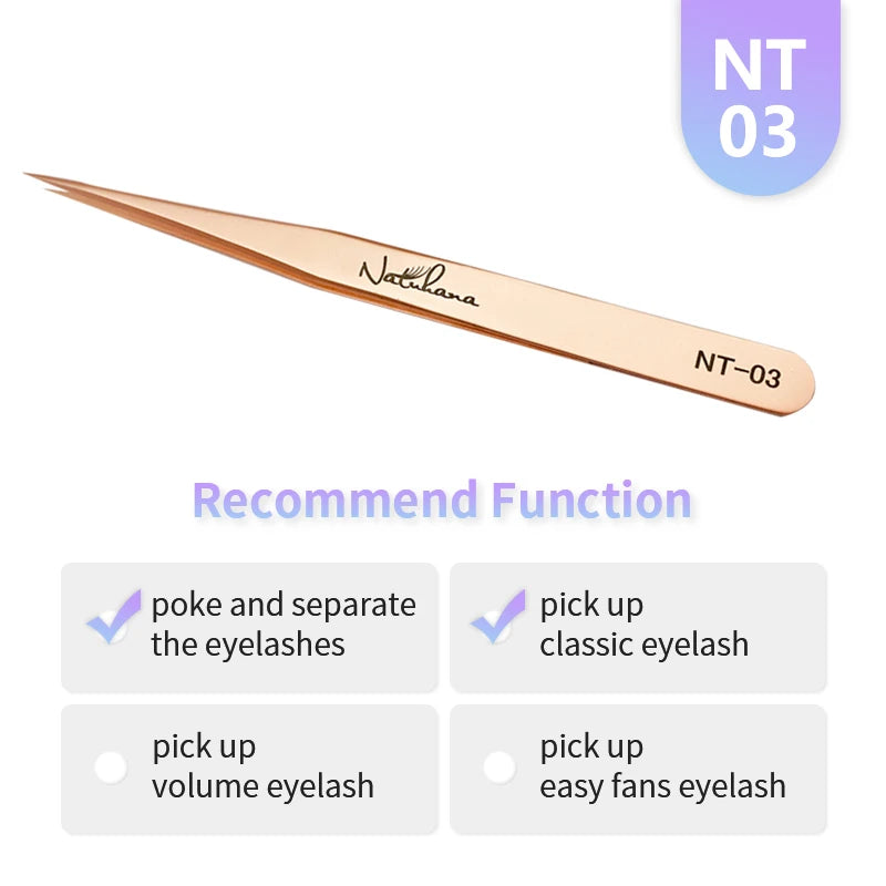 NATUHANA Anti-Static Eyelash Extension Tweezer Gold Stainless Steel Eyelashes Tweezers Professional for Volume Fan Makeup Tools