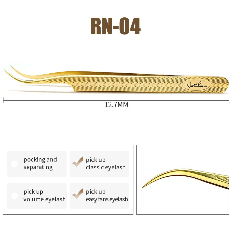 NATUHANA Anti-Static Eyelash Extension Tweezer Gold Stainless Steel Eyelashes Tweezers Professional for Volume Fan Makeup Tools