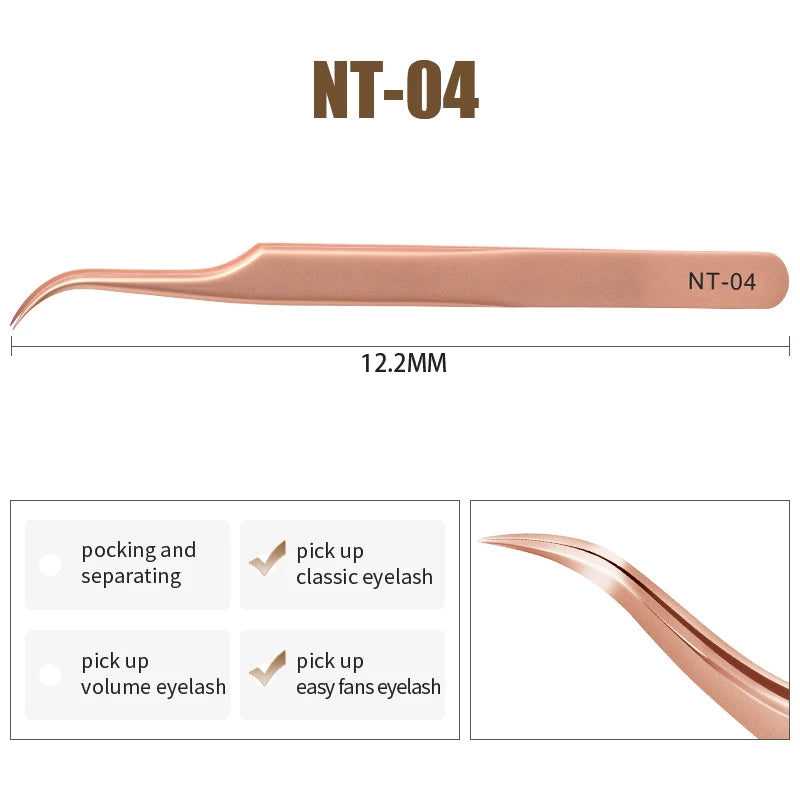 NATUHANA Anti-Static Eyelash Extension Tweezer Gold Stainless Steel Eyelashes Tweezers Professional for Volume Fan Makeup Tools