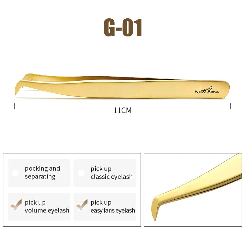 NATUHANA Anti-Static Eyelash Extension Tweezer Gold Stainless Steel Eyelashes Tweezers Professional for Volume Fan Makeup Tools
