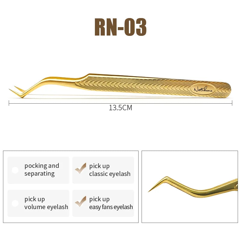 NATUHANA Anti-Static Eyelash Extension Tweezer Gold Stainless Steel Eyelashes Tweezers Professional for Volume Fan Makeup Tools