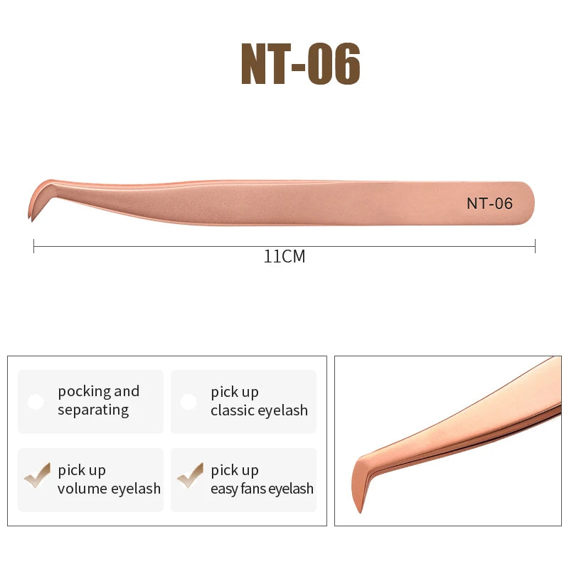 NATUHANA Anti-Static Eyelash Extension Tweezer Gold Stainless Steel Eyelashes Tweezers Professional for Volume Fan Makeup Tools