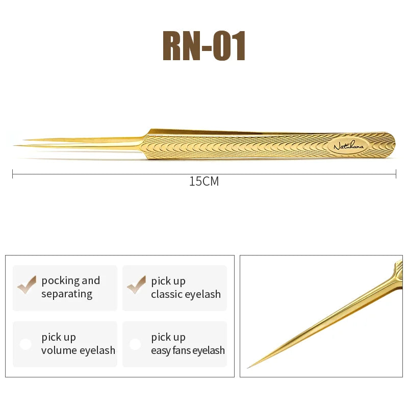 NATUHANA Anti-Static Eyelash Extension Tweezer Gold Stainless Steel Eyelashes Tweezers Professional for Volume Fan Makeup Tools