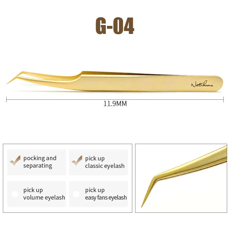 NATUHANA Anti-Static Eyelash Extension Tweezer Gold Stainless Steel Eyelashes Tweezers Professional for Volume Fan Makeup Tools