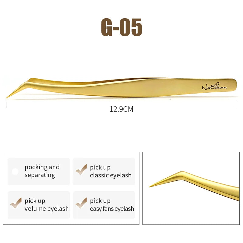 NATUHANA Anti-Static Eyelash Extension Tweezer Gold Stainless Steel Eyelashes Tweezers Professional for Volume Fan Makeup Tools