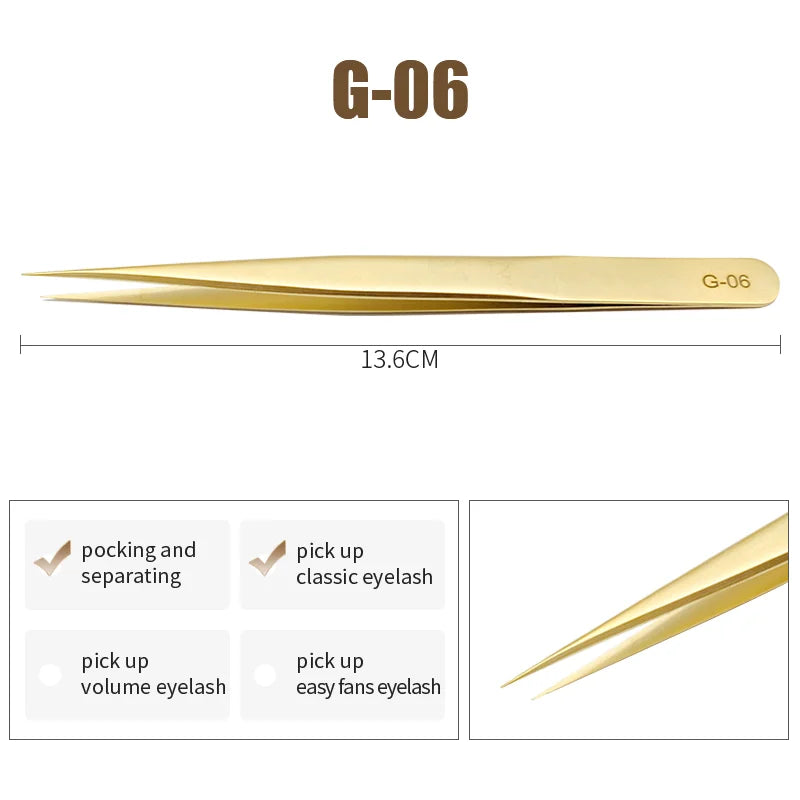 NATUHANA Anti-Static Eyelash Extension Tweezer Gold Stainless Steel Eyelashes Tweezers Professional for Volume Fan Makeup Tools