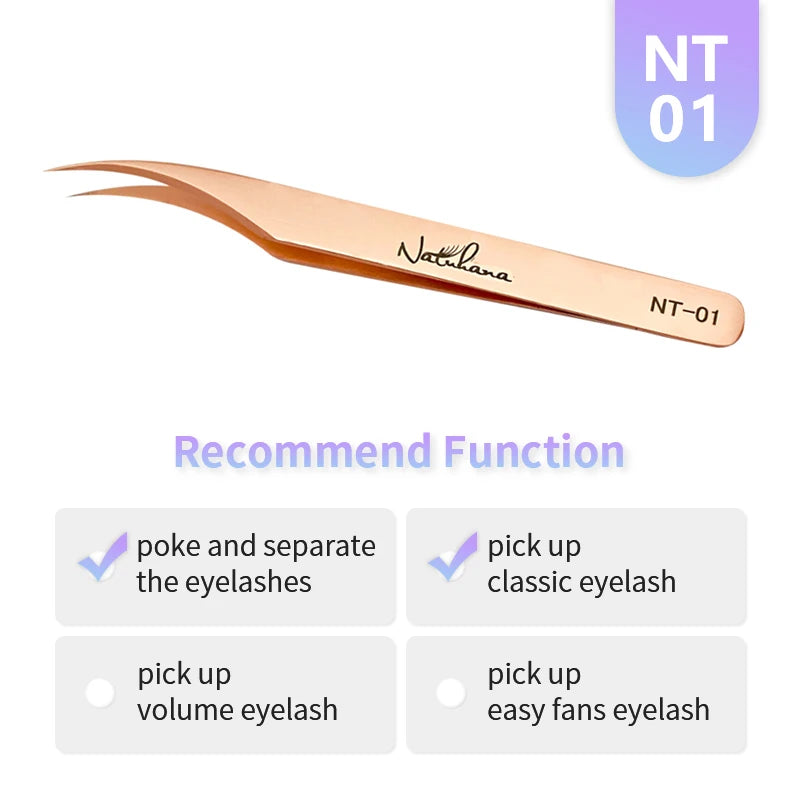 NATUHANA Anti-Static Eyelash Extension Tweezer Gold Stainless Steel Eyelashes Tweezers Professional for Volume Fan Makeup Tools