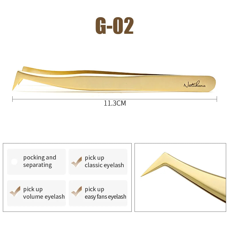NATUHANA Anti-Static Eyelash Extension Tweezer Gold Stainless Steel Eyelashes Tweezers Professional for Volume Fan Makeup Tools