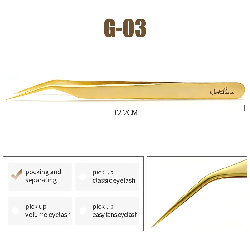 NATUHANA Anti-Static Eyelash Extension Tweezer Gold Stainless Steel Eyelashes Tweezers Professional for Volume Fan Makeup Tools